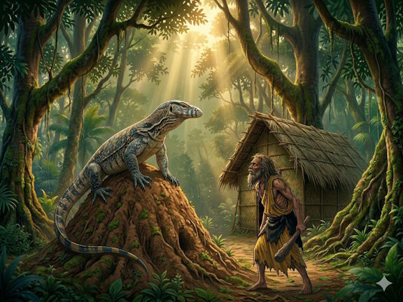 Мудрая ящерица на муравейнике обличает лжеаскета с дубинкой в джунглях, передавая суть буддийской джатаки о бдительности|