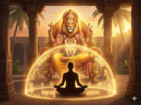 Силуэт медитирующего йога внутри светящейся защитной сферы перед божеством Нарасимхой во время практики мантры