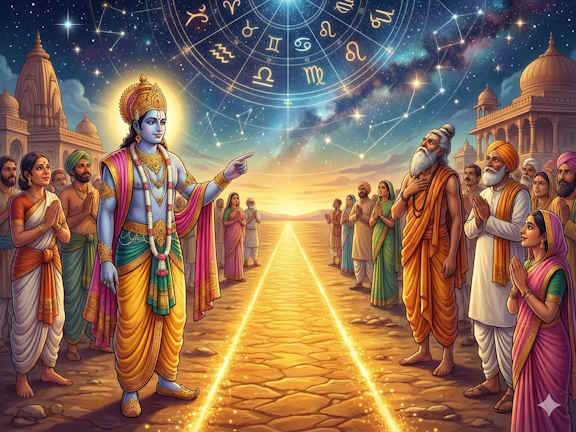 Цифровой арт мудреца, указывающего светящийся путь, как символ победы целеустремленности над суевериями и астрологией