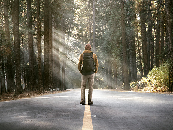 человек стоит на лесной дороге