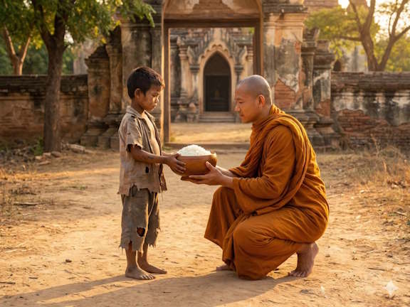 Буддийский монах протягивает чашу с рисом истощенному мальчику