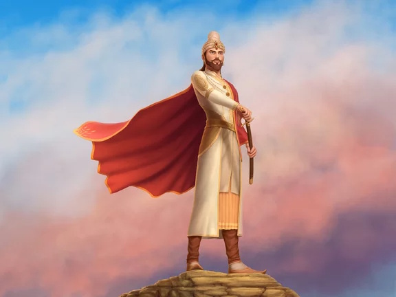 Войн с мечом стоит на скале на фоне облачного неба