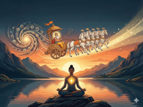 Пейзаж горного озера с зеркальной гладью воды, отражающей свет, как метафора чистого сознания и спокойной читты