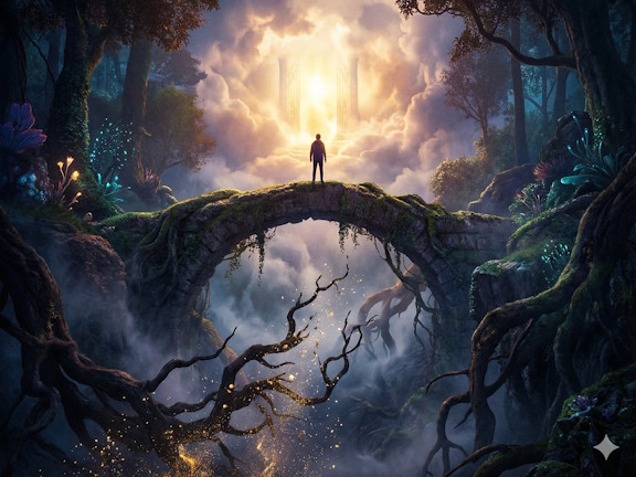 Человек перед светящимся порталом. Символизирует освобождение сознания от страха смерти