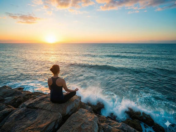 Девушка в медитации на скалах у океана