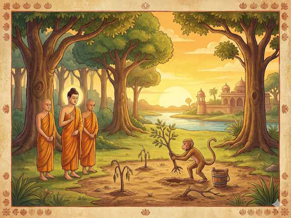 Будда и монахи смотрят, как обезьяна вырывает саженцы с корнем для полива. Буддийская притча о вредителе сада