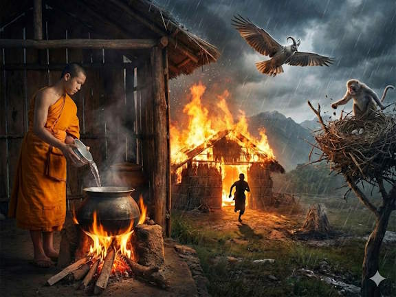 Иллюстрация к джатаке: монах кипятит воду, горящая хижина и обезьяна, разоряющая гнездо птицы в грозу