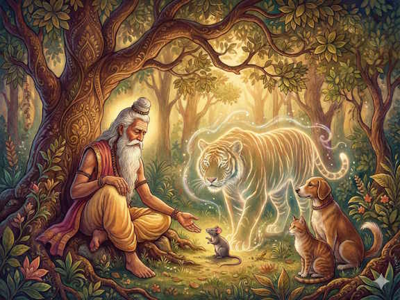 Седой индийский мудрец общается с мышью около светящегося тигра, кота и собаки в лесу, сюжет притчи о гордыне