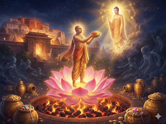 Бодхисаттва на огромном лотосе над огнем подносит дары паччека Будде, символизируя непоколебимую веру в Дхарму
