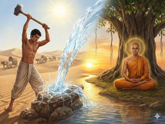 Сплит-арт сопоставляющий юношу добывающего воду в пустыне и медитирующего монаха как символы упорства