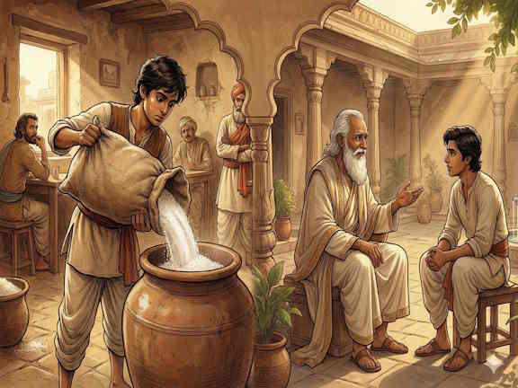 Подмастерье сыпет соль в кувшин, а мудрый купец дает наставления
