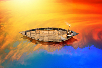 лодка, река, отражение|