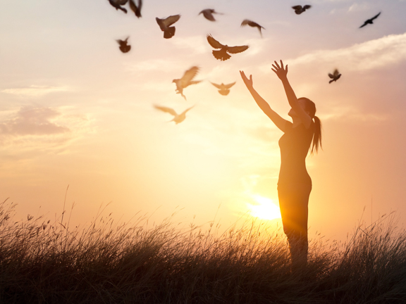 девушка играет с голубями