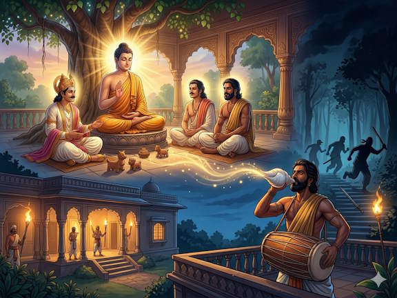 Иллюстрация Будды с учениками и верного друга