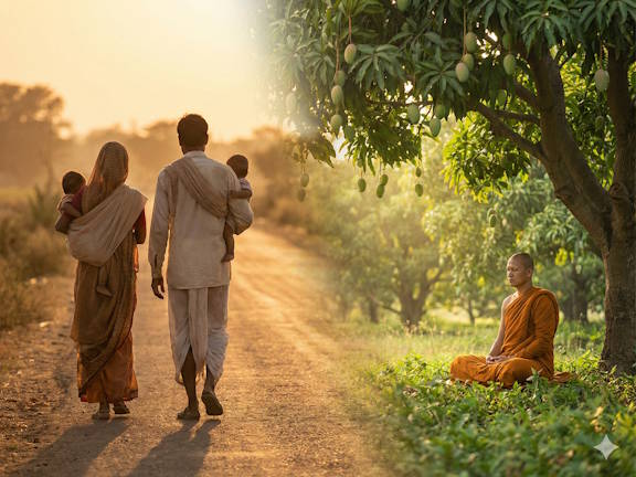 Индийская семья на дороге, монах под деревом