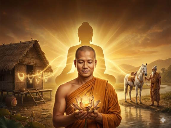 Буддийский монах держит светящийся лотос на фоне силуэта Будды. Композиция отражает путь к духовному просветлению