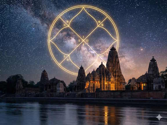 Цифровой арт светящейся натальной карты над древним храмом на фоне Млечного Пути