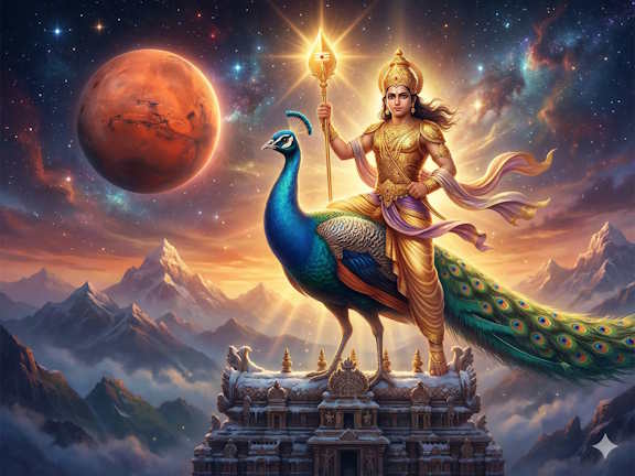Цифровой арт бога Картикеи на павлине с копьем на фоне Марса и храма