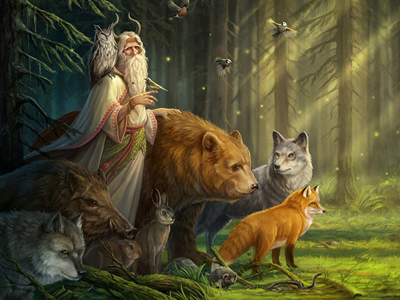 велес с животными в лесу