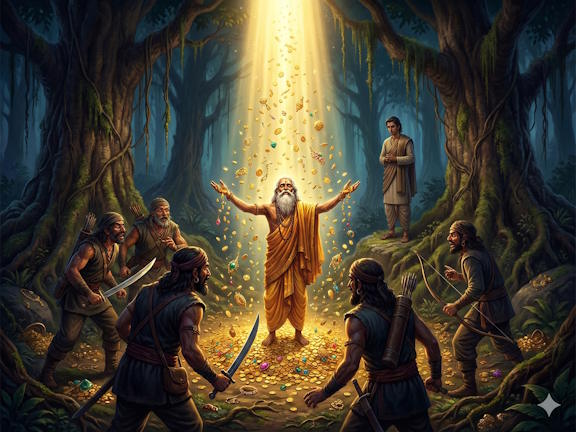 Старый брахман вызывает магический дождь из сокровищ в окружении алчных разбойников