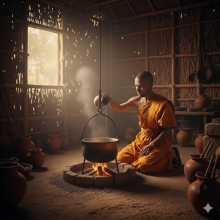 Арт с послушником у медного котла, изображающий сцену хитрости с водой