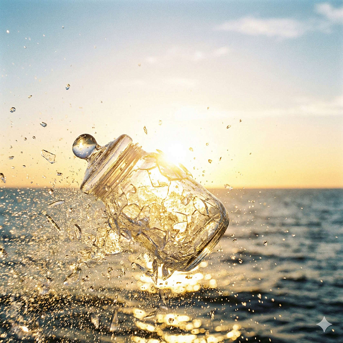 Хрустальный сосуд разбивается на фоне океана символизируя окончательное освобождение и мокшу