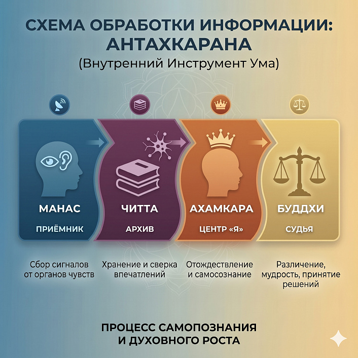 Инфографика внутреннего инструмента ума, иллюстрирующая этапы обработки информации: манас, читту, ахамкару и буддхи