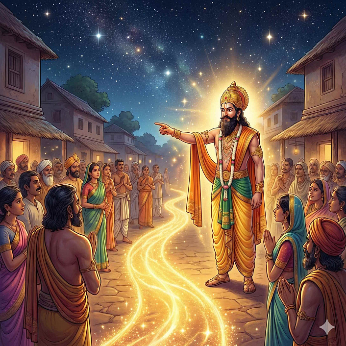 Цифровой арт мудреца указывающего на путь игнорируя звезды показывает важность целеустремленности