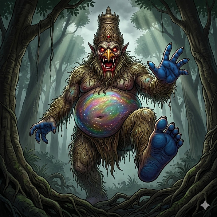 Арт чудовищного яккхи Силесаломы с ястребиным клювом и разноцветным брюхом в густом лесу.