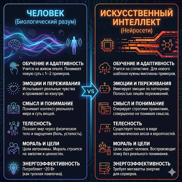 Инфографика сравнения биологического разума и нейросетей по шести ключевым критериям.