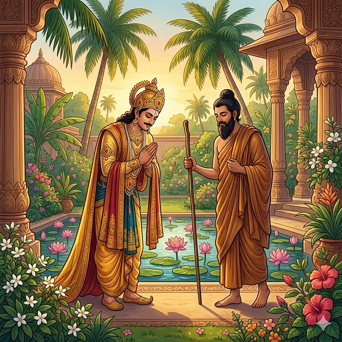 Иллюстрация: царь Панчалы почтительно принимает мудрого аскета в роскошном королевском саду.
