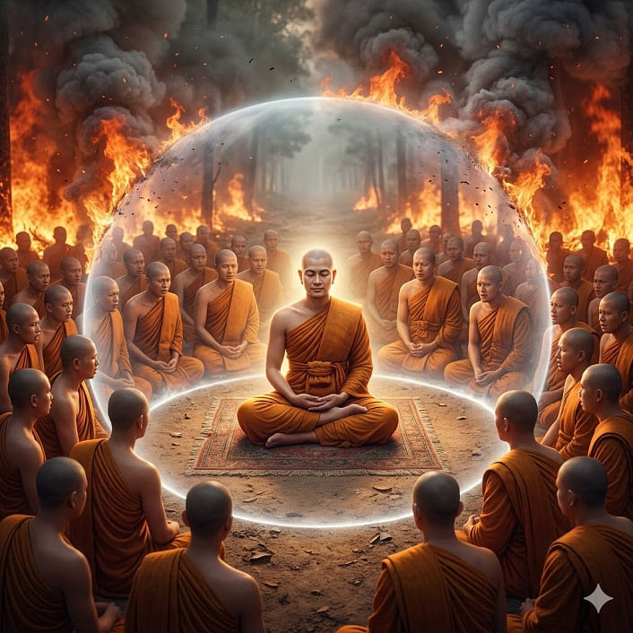 3D рендер Будды, спокойно стоящего перед стеной надвигающегося лесного пожара