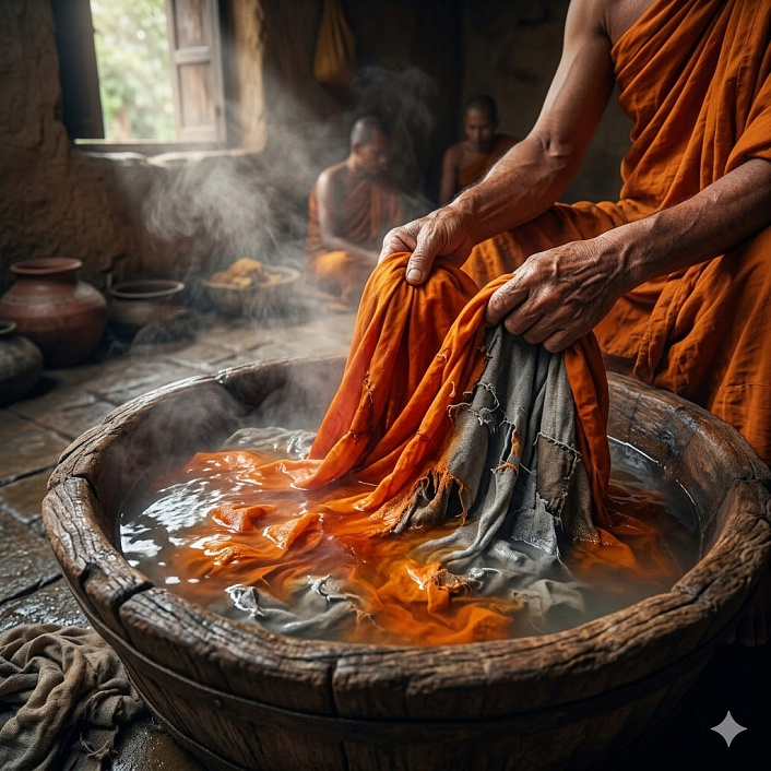 Фотореалистичный арт ветхой монашеской рясы под слоем смывающейся краски как символ обмана