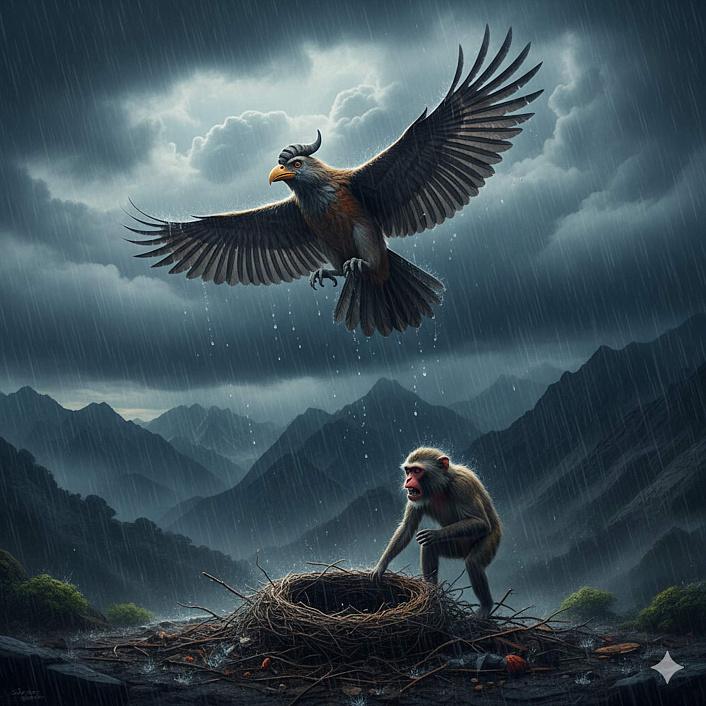 Арт летящей мудрой птицы над разоренным гнездом и злой обезьяной в дождливых Гималаях
