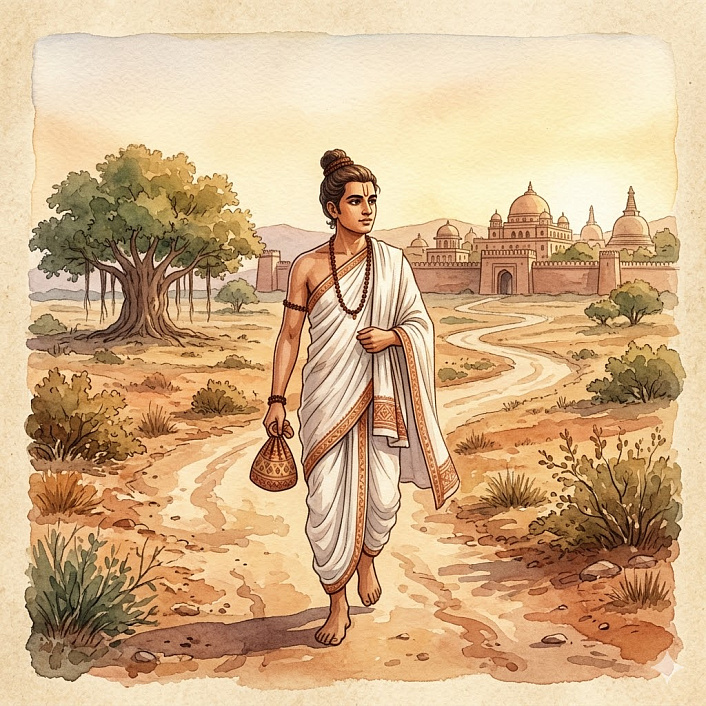 Иллюстрация молодого брахмана, идущего в древний город изучать веды и заклинание от тоски.