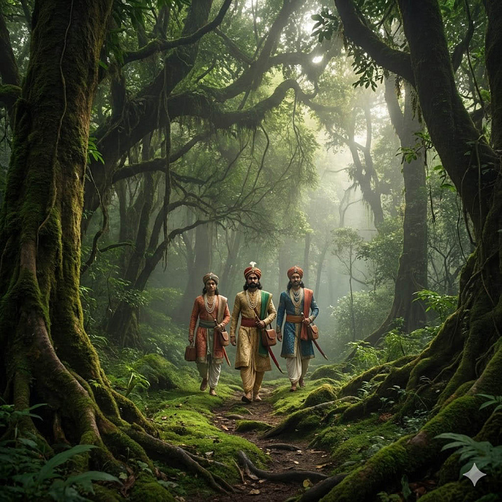Иллюстрация трех принцев идущих сквозь густой гималайский лес в изгнании