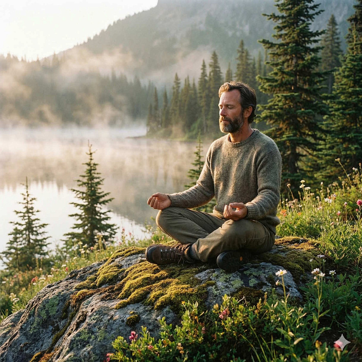 Взрослый мужчина медитирует у озера на фоне хвойного леса