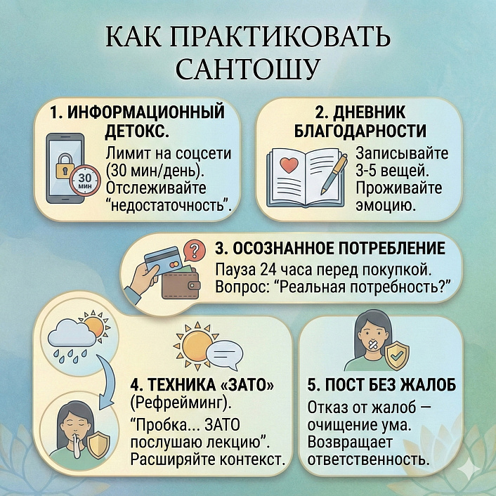 Чек-лист из 5 методов практики сантоши: инфодетокс, дневник благодарности, осознанное потребление и отказ от жалоб