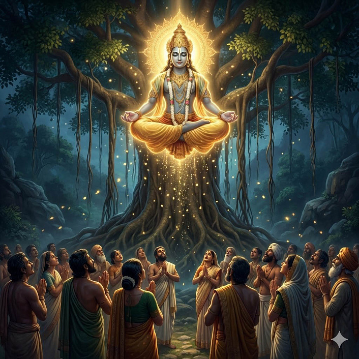 Цифровая картина светящегося духа дерева, наставляющего людей в дхамме для прекращения убийств.