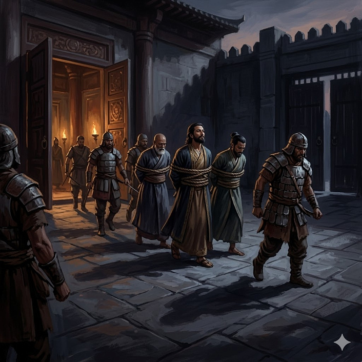 Иллюстрация пленения связанного царя Махасилавы и советников солдатами Косалы в дворцовом дворе