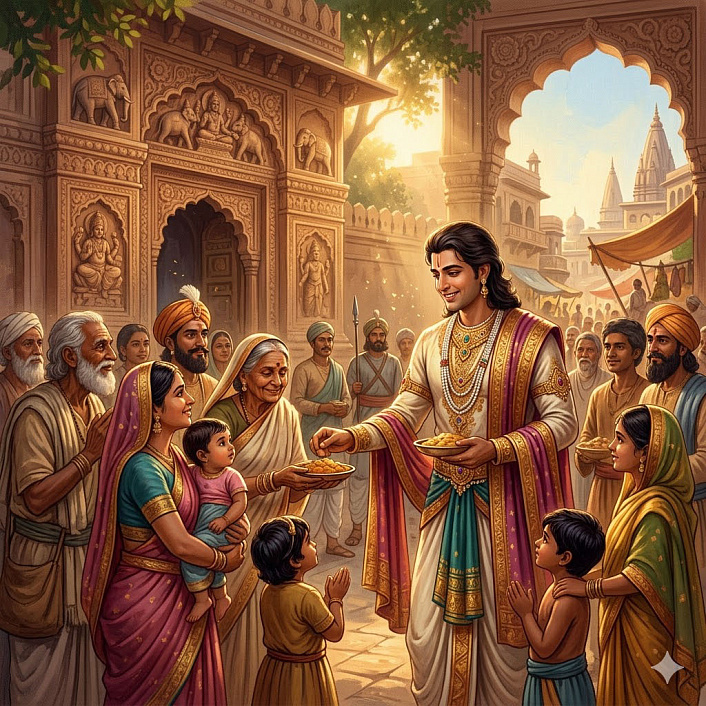 Иллюстрация царя Махасилавы раздающего милостыню подданным у ворот Бенареса символ дхаммы и щедрости