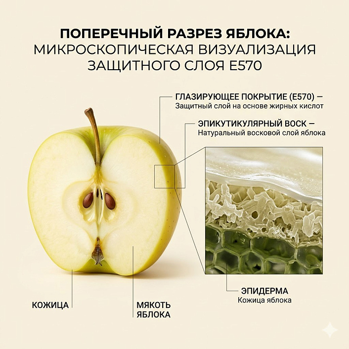 Инфографика строения кожицы яблока под микроскопом. Показан эпикутикулярный воск и защитное покрытие E570 на плодах