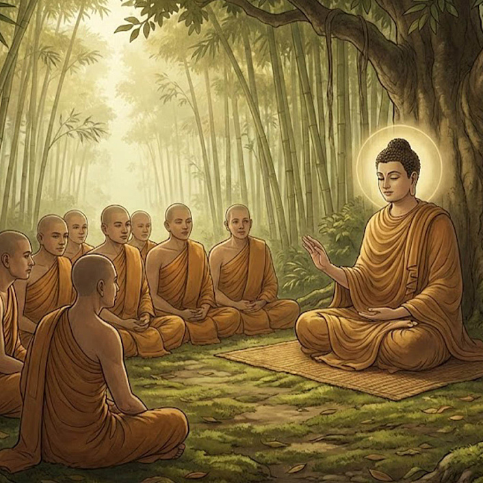 Цифровой арт. Будда и монахи сидят в бамбуковой роще. Учение дхаммы и кармы.