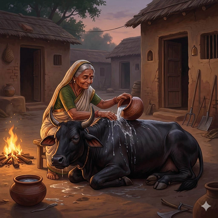 Картина пожилой женщины, омывающей уставшего быка теплой водой, сыновняя благодарность.