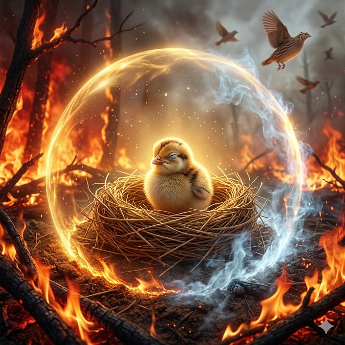 Цифровой арт отступающего пламени от защитного барьера вокруг гнезда перепела