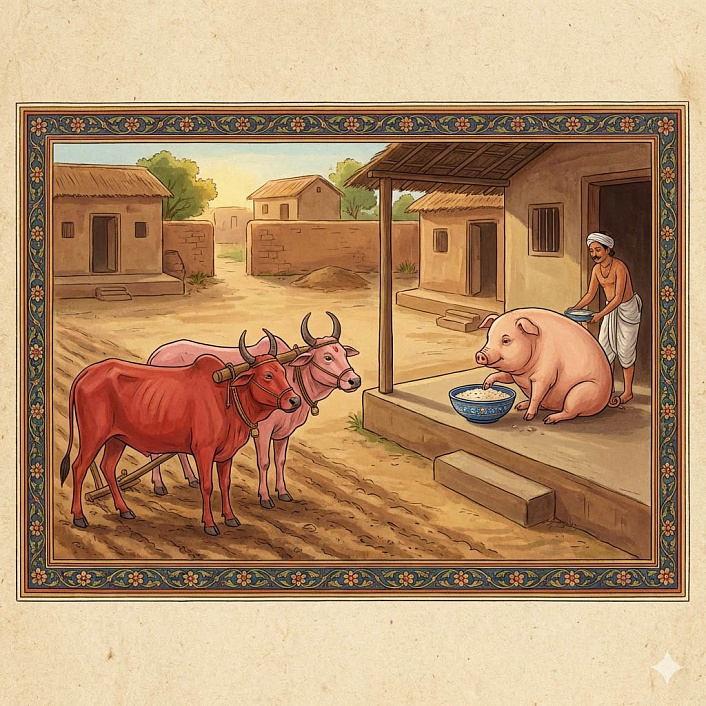 Арт двух рабочих волов, с завистью смотрящих на толстого поросенка Мунику, который ест рис, в стиле индийской миниатюры.