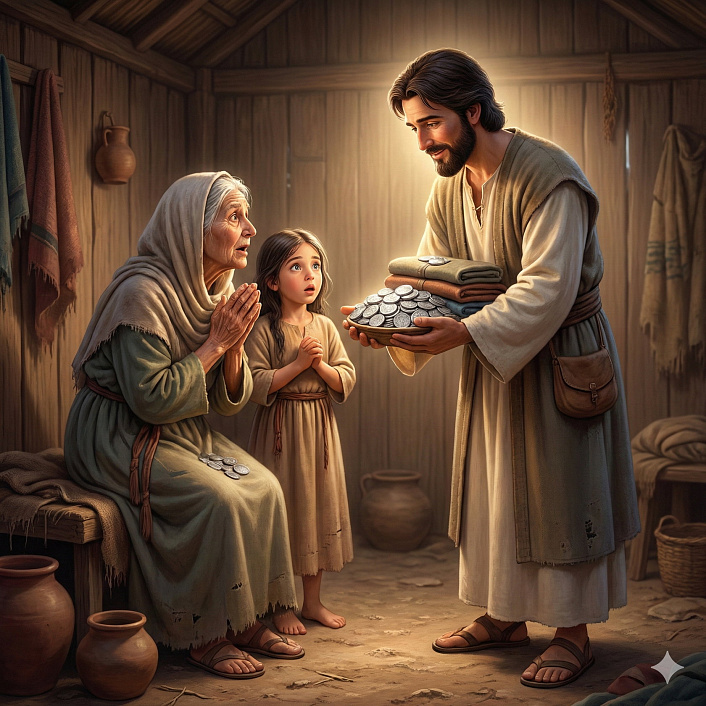 Арт сцены где мудрый купец отдает все свои товары бедной семье за золотую чашу