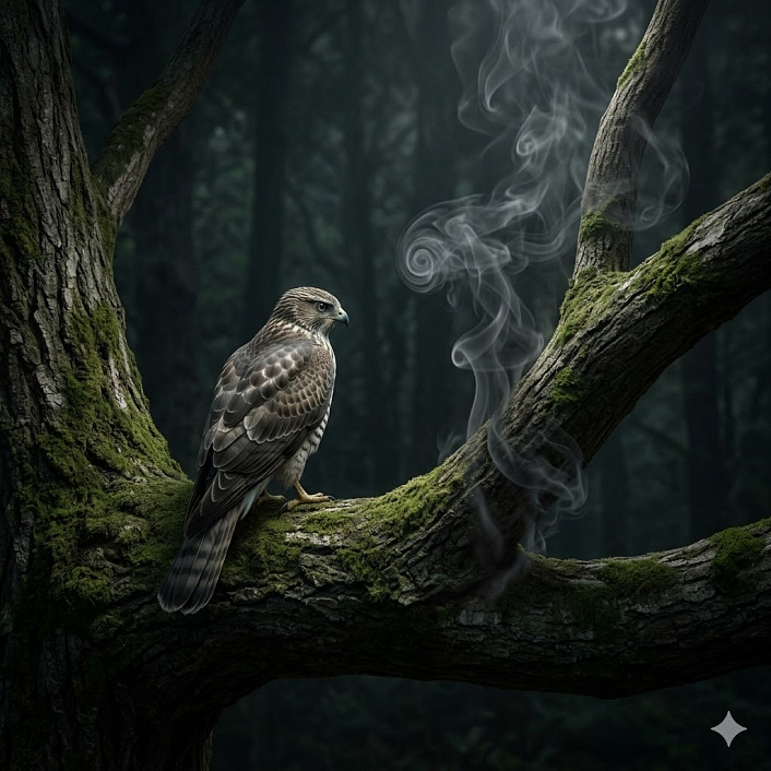 Фото мудрой птицы, смотрящей на дым в ветвях, как метафора предвидения опасности.