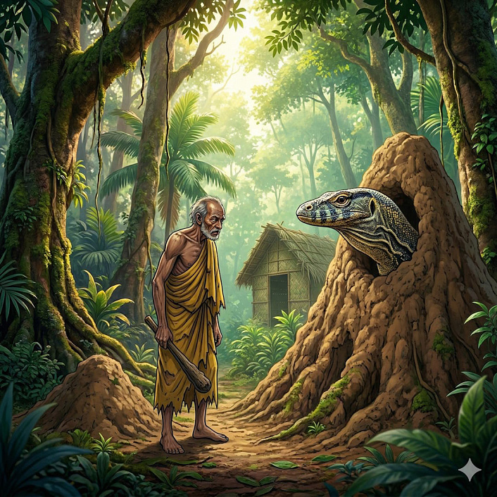 Арт мудрой ящерицы, выглядывающей из муравейника, передающий суть буддийской притчи о бдительности.