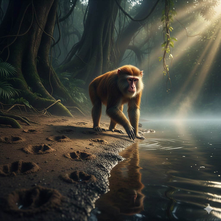 Фотореалистичный арт следов лап на песке ведущих в озеро символизирует скрытую угрозу